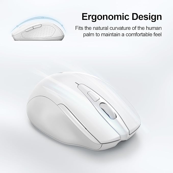 TECKNET Wireless Mouse, BT 5.0/2.4G, Rechargeable 6-DPI Silent, White | Bluetooth 5.0/3.0 & USB A, 2-Device Easy Switch, Wide OS Compatible, 6 Buttons, 6-DPI up to 4800, Ergonomic for S to M Hands