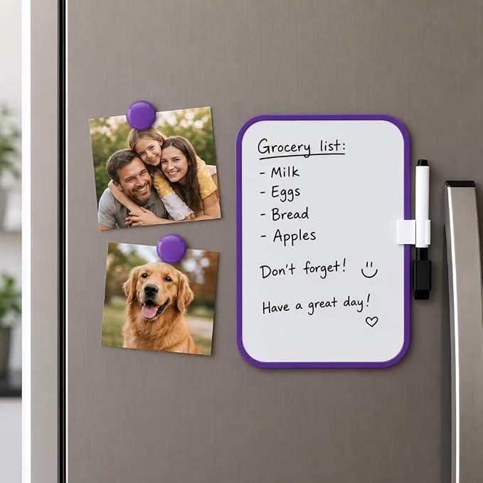 Magnetic Whiteboard, Erasable Notepad, Portable Drawing Board, Teaching Whiteboard, Magnetic Dry Erase Board for Lockers, 6" x 8" with Marker and 2 Magnets (Purple)