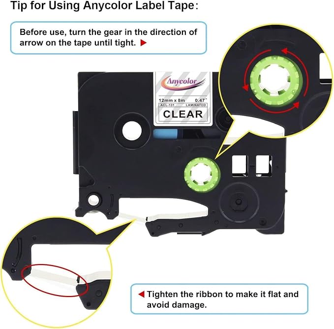 Anycolor TZe-131 TZ Tape 12mm 0.47 Laminated Clear P-Touch Label Tape Clear | TZe131 TZ-131 Black on Clear Tape for Brother PTouch PT-D210 PTH110 PTD220 PTD410 PTD400 D600 Label Maker, 5-Pack