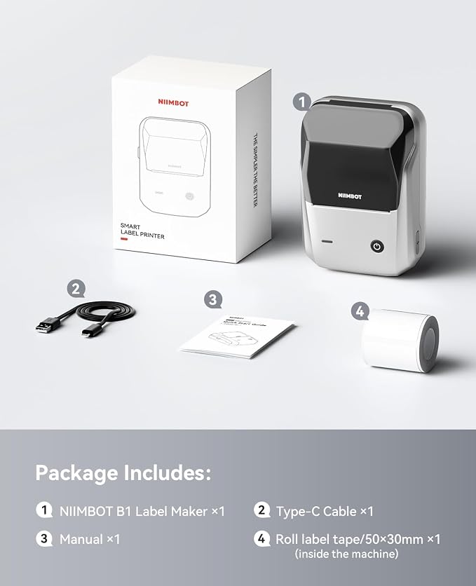 NIIMBOT B1 Label Maker Machine with Tape, 2Inch Thermal Label Printer | Portable, Bluetooth, Multiple Templates App, for Home, School, Office, Small Business, Compatible with Phones and PC (Silver)