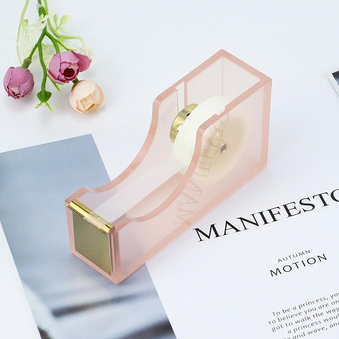 MultiBey Acrylic Pink Tape Dispenser for Desk with 1 Roll Tape, Cute | Heavy Duty Nonslip Base Tape Cutter Holder with 1 Roll Tape | Aesthetic Clear Acrylic Desk Organizer for Office & Home