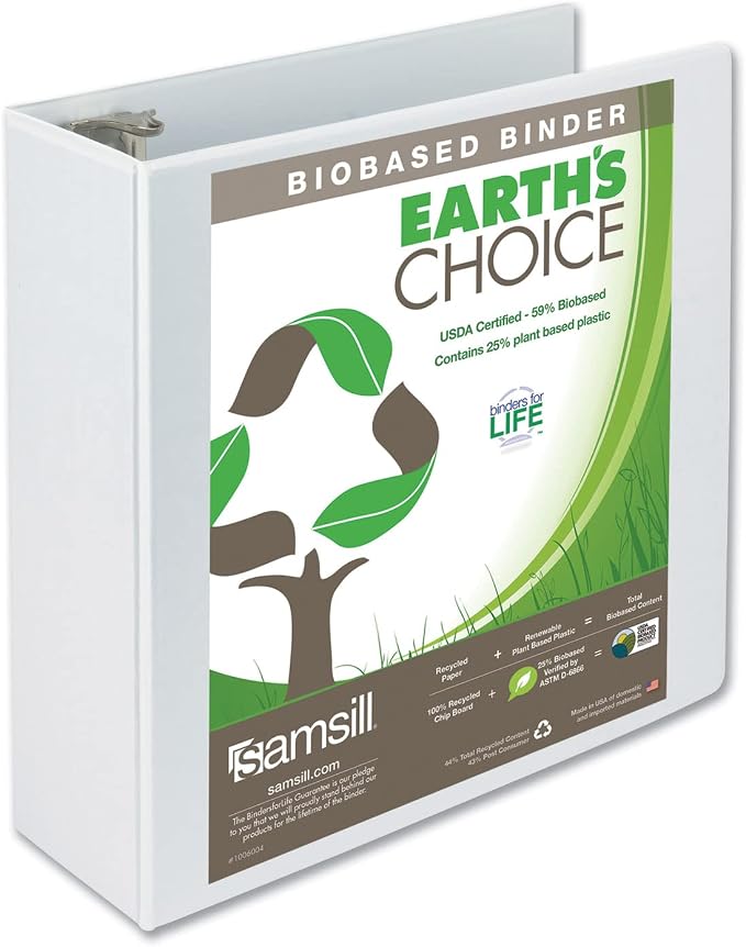 Samsill Plant-Based 4 Inch Durable Round Ring, View Binder, Eco-Friendly, USDA Certified Biobased, Single, White