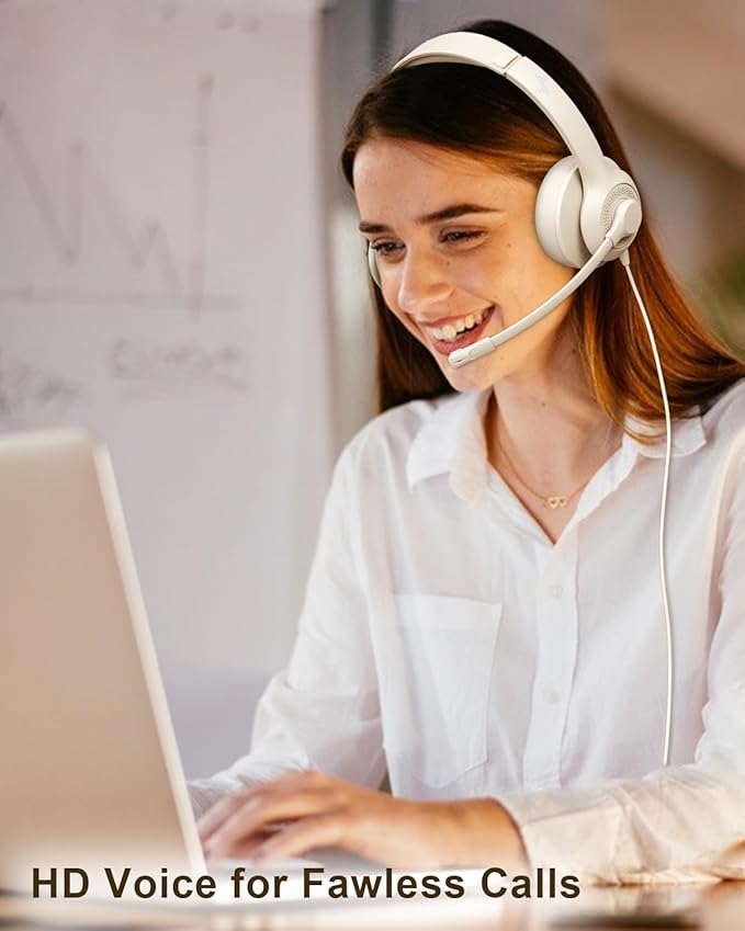 JIAMQISHI USB Headset with Microphone for PC, On-Ear Computer Laptop Headphones with Noise Cancelling Mic in-line Control for Home Office Online Class Zoom (USB+3.5mm, Apricot)