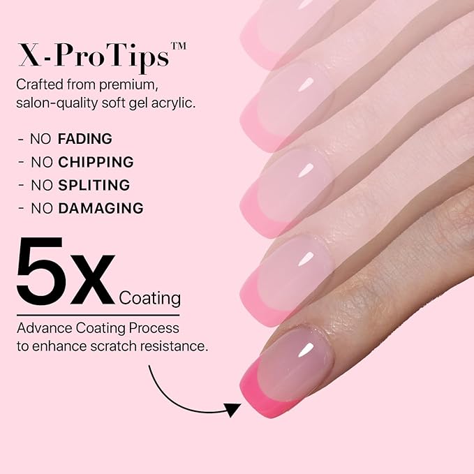 SXC Cosmetics French Tip Press On Nails 150 Pieces in 15 Sizes Ultra Fit with Pre-applied Tip Primer and Base Coat, No Need to File Fake Nails for Nail Art DIY X-Pro Tips (5PINK113-XS Square)