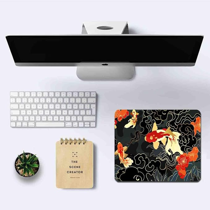 Japanese Koi Mouse Pad, Black Gold Gaming Mouse Pad, Anime Mousepad with Non-Slip Rubber Base, Computer Mouse Mat Office Accessories Decor Gift, 9.5 x 7.9 Inch
