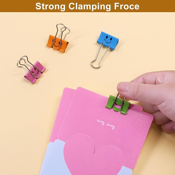 Coideal Cute Smiley Face Binder Clips, 48 Pack 1 Inch Medium Metal Paper Clamps, Assorted Colors Hollow Design for Office School Home Organization (25mm)