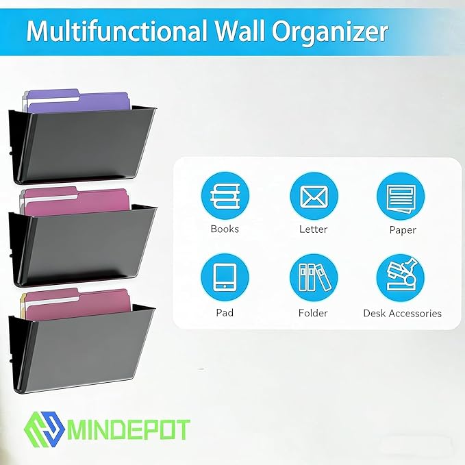 MINDEPOT 1 Pockets Acrylic Wall File Organizer, Wall File Holder Black