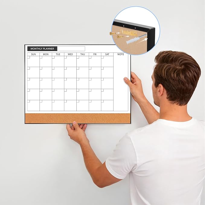 Dry Erase Calendar with Cork Board for Wall | 11.6"x 15.7" Magnetic Calendar Whiteboard with Black Frame, Monthly Combination Board for School, Home, Office