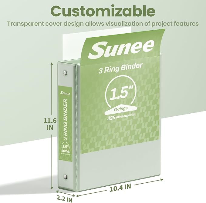 SUNEE 3 Ring Binder 1.5 Inch 2 Pack, Clear View Binder Three Ring PVC-Free (Fit 8.5x11 Inches) for School or Office Supplies, Sage Green