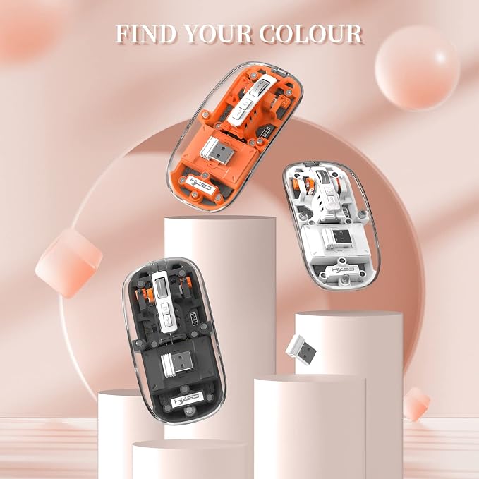 AJAZZ Wireless Bluetooth5.1&2.4G Mini Lightweight Mouse,Transparent Clear Cool,Rechargeable Silent Computer Mice,Nano USB C Receiver,LED Battery Magic Silm for Office/PC/Mac/Laptop/Apple/ipad(Orange)