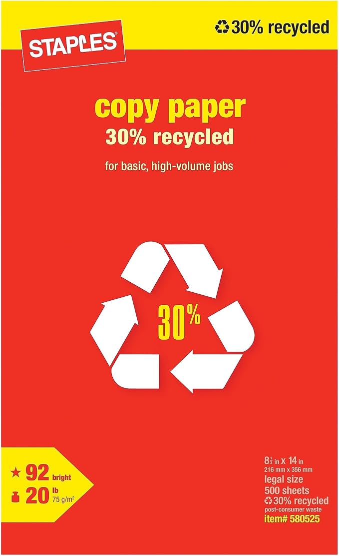 Staples 30% Recycled 8.5" x 14" Copy Paper, 20 lbs., 92 Brightness, 500/Ream