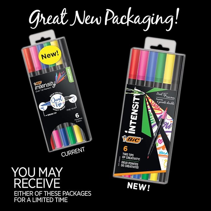 BIC Intensity 2 in 1 Dual Tip Fineliner Pens, 6-Count Pack, Assorted Colors | Fine Tip (0.7mm) and Flexible Brush (3.7mm) | Water-Based Ink, Odor Free | Durable Tips, Ideal for Drawing and Calligraphy