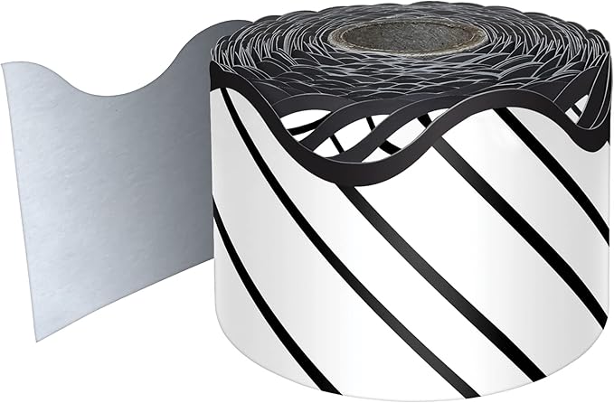 Carson Dellosa 65Ft of Black and White Bulletin Board Borders, 1 Roll of Striped, Scalloped Trim for Rolling Whiteboard, Posterboard, Party, Office Decorations, and Classroom Decor