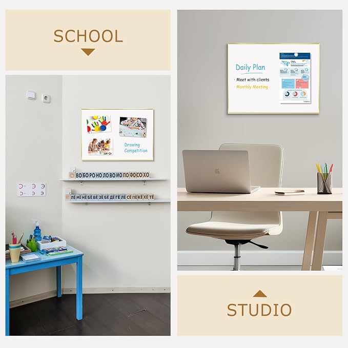 Magnetic Whiteboard, 24" x 18" Dry Erase White Board for Wall | Gold Aluminum Frame, Easy to Write and Erase, Wall Mounted, Presentation Board, for Home, Office, School, Kitchen