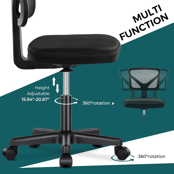 DUMOS Armless Desk Chairs, Small Home Office Mesh Chairs | Ergonomic Adjustable Mid Back, Swivel Rolling Task, Computer Work Vanity Small Spaces, Inky