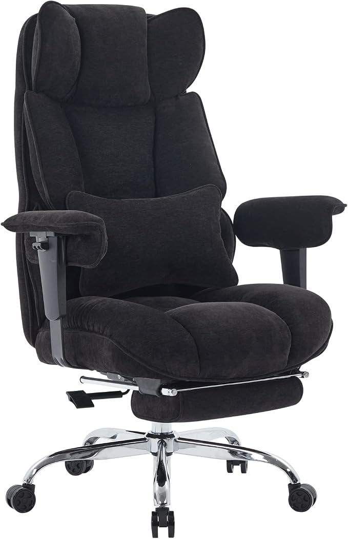 Efomao Executive Office Chair 400lbs, Black Fabric Big and Tall Desk Chair | Breathable fabric, pocket spring & foam seat, retractable footrest, 135° recline for computer gaming setup