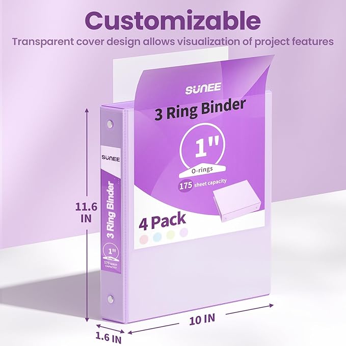 SUNEE 3 Ring Binder 1 Inch 4 Pack, Clear View 1" Binders Three Ring PVC-Free (Fit 8.5x11 Inches) for School or Office Supplies, Purple