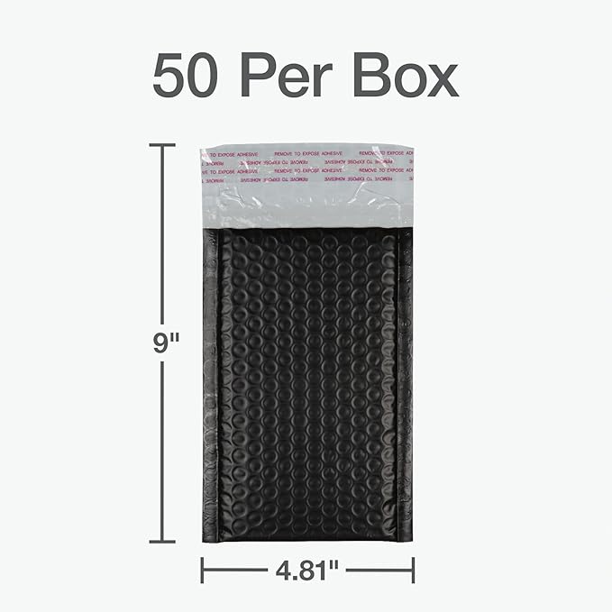 Quality Park Bubble Mailers, 4 x 8 Shipping Envelopes, Self-Seal, Small Black Padded Envelopes, Redi-Strip Peel Off Closure, 50 Per Box (1002352)