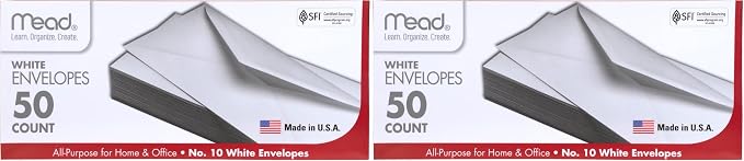 Mead #10 Envelopes,Letter Size,4-1/8" x 9-1/2",Gummed Closure,White All-Purpose for Home & Office Mail,(75050),(Pack of 100)
