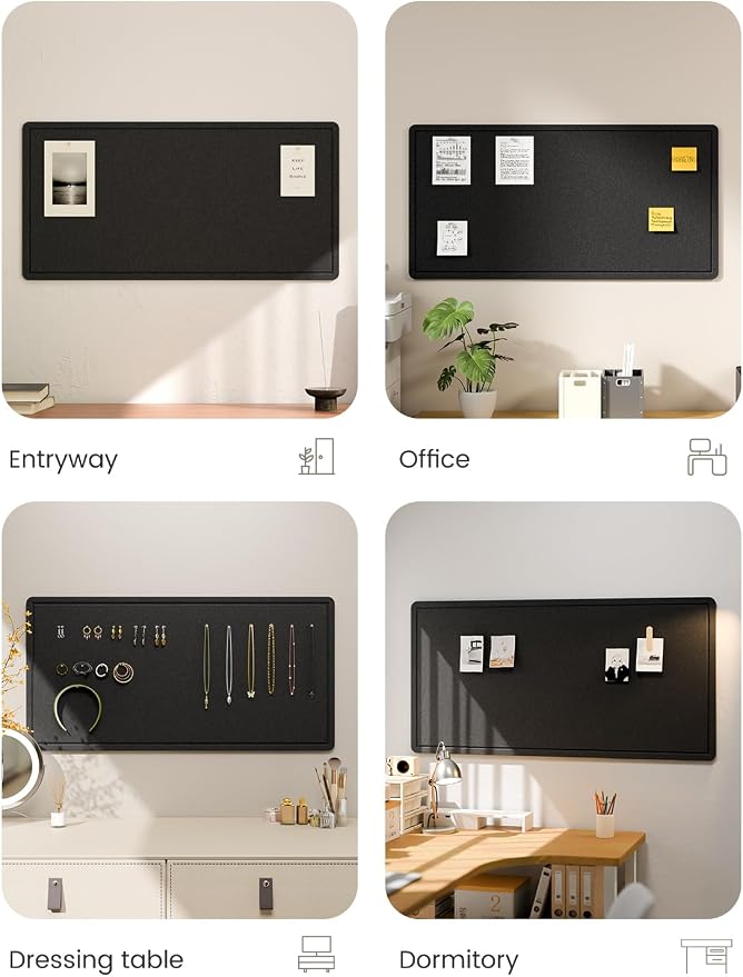 Fluxynara 35" x 17.1" Bulletin Board, Black | Cork Board Alternative with 12 Removable Adhesive Tabs, Foldable Felt Pin Board for Home, Office, Classroom & Dorm