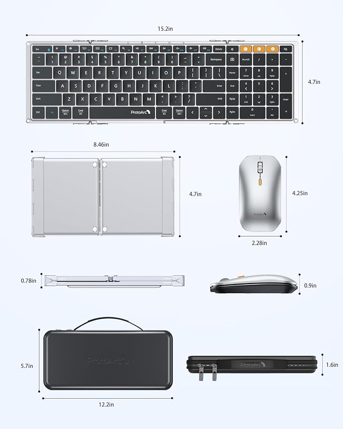 ProtoArc XKM01 Full-Size Foldable Keyboard Mouse for Travel - Black Silver | 105-key keyboard, slim mouse, hard case and phone stand; 3-device Bluetooth & 2.4G switching, for travel office use