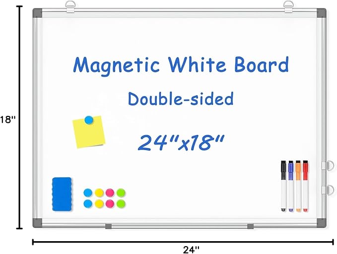 Double-Sided White Board Dry Erase Magnetic Whiteboard Wall 24x18 Silver | Smooth Write & Clean, Durable 11-Layer, Aluminum Frame, Easy Wall Mount & Hanging, Full Kit for Home, Office, School