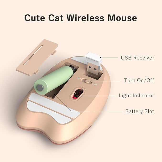 Wireless Compact Silent Mouse with Cute Cat Designs, 2.4GHz Plug and Play Wireless Opatical Mouse with USB Nano Receiver for Laptop/PC/Computer (Milk Tea Cat)