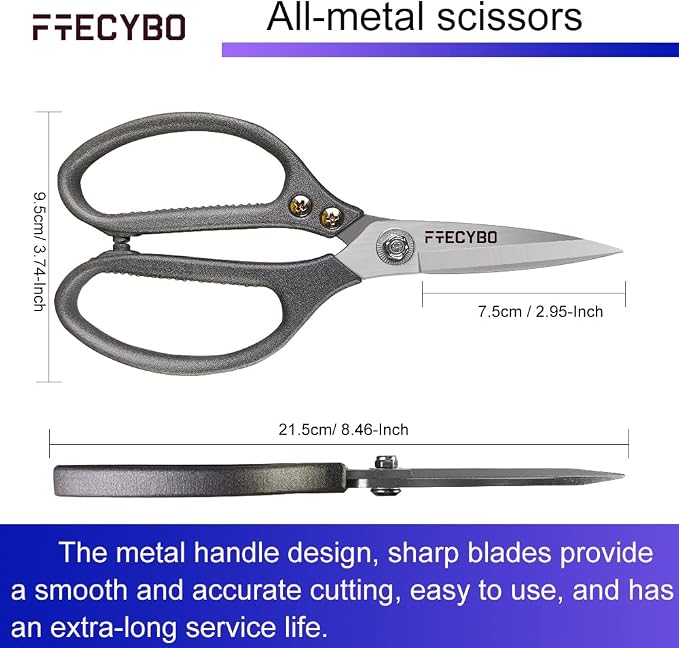 Heavy Duty Scissors 8.5'', All Purpose, Leather Scissors, Reinforced Stainless Steel Blades with Metal Handles for Home, Office, Easy Cutting Cardboard, Fabric, Carpet, Leather, etc
