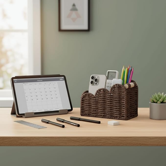 CubesLand Bedside Table Desk Organizer Caddy, Remote Pen&Pencil Holder Cup | Makeup Brush Holder w/Scalloped Perfect for Home, Office Desk, Living Room Table Decor, 3 Slots Brown