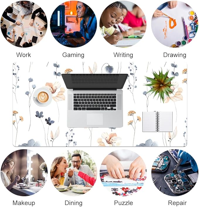 QIYI PU Leather Large Mouse Pad, Waterproof Desk Mat, 31.5" x 15.7", Sprigs | Extended Size Gaming Mousepad, Faux Leather Desk Pad, Desktop Writing Pads for School Office Home, Watercolor Floral Pattern