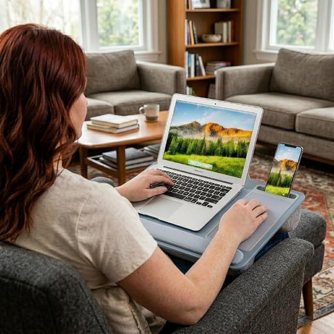 LAPGEAR Home Office Pro Lap Desk - Slate Blue, Fits 15.6” Laptops | Built-In Mouse Pad & Phone Slot, Wide Cushioned Wrist Rest, Dual-Bolster Microbead Cushion, Carry Handle