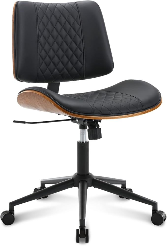 Home Office Chair No Arms with Wheels, Mid Back Walnut Style,Black-2 | Adjustable Height Small Desk Chair, PU Leather Mid Back 360 Swivel Computer Seating, Armless Walnut Office Chair, 300LBS