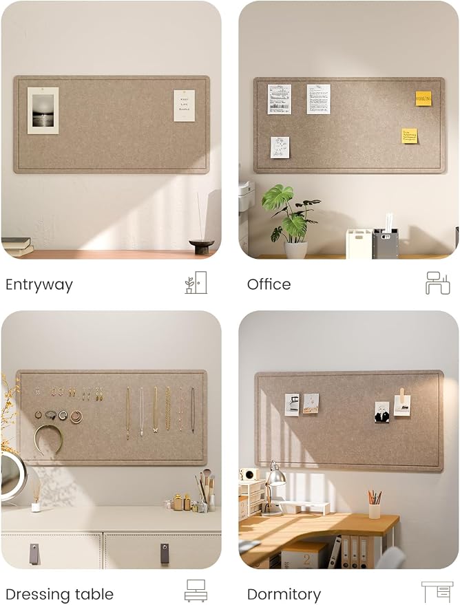 Fluxynara 35" x 17.1" Bulletin Board, Taupe | Cork Board Alternative with 12 Removable Adhesive Tabs, Foldable Felt Pin Board for Home, Office, Classroom & Dorm