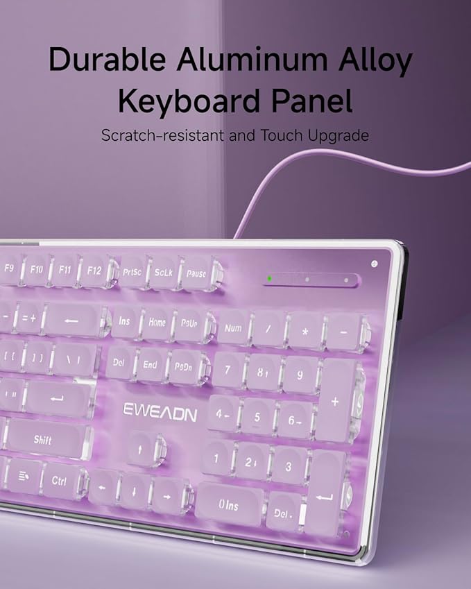 EWEADN GX710S Backlit Computer Keyboards, Wired USB Keyboard with White Backlit, Metal Panel, Plug and Play, Pudding Keycaps Full Size Quite Computer Keyboard for Win/PC/Laptop-Purple