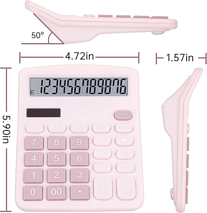 Cute Pink Desktop Calculator with Big Buttons, Dual Power Source, Solar and Battery, Large Display Screen - Perfect for Office, Teachers, and Students (Pink)