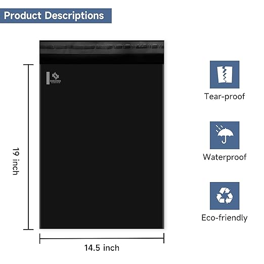 KKBESTPACK BLACK 14.5x19 100 PCS Large Poly Mailers Shipping Bags for Small Business – Self Sealing Package Envelopes