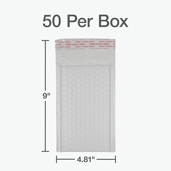 Quality Park Bubble Mailers, 4 x 8 Shipping Envelopes, Self-Seal, Durable White Padded Envelopes, Redi-Strip Peel Off Closure, 50 Per Box (QUA85929)