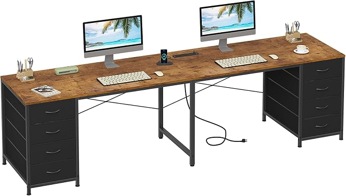 95" 2 Person Desk with 8 Fabric Drawers for Home Office, Living Room | Long Computer Desk Office Desks with Storage, Two Person Double Desks with Power Outlets, Rustic Brown