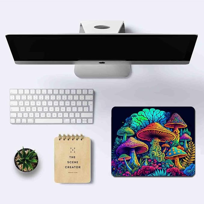 Psychedelic Mushrooms Mouse Pad, Colorfull Gaming Mouse Pad, Magical Forest Mousepad, Non-Slip Rubber Base Computer Mice Pad for School Home Office, 9.5 x 7.9 Inch, Aesthetic Modern Art