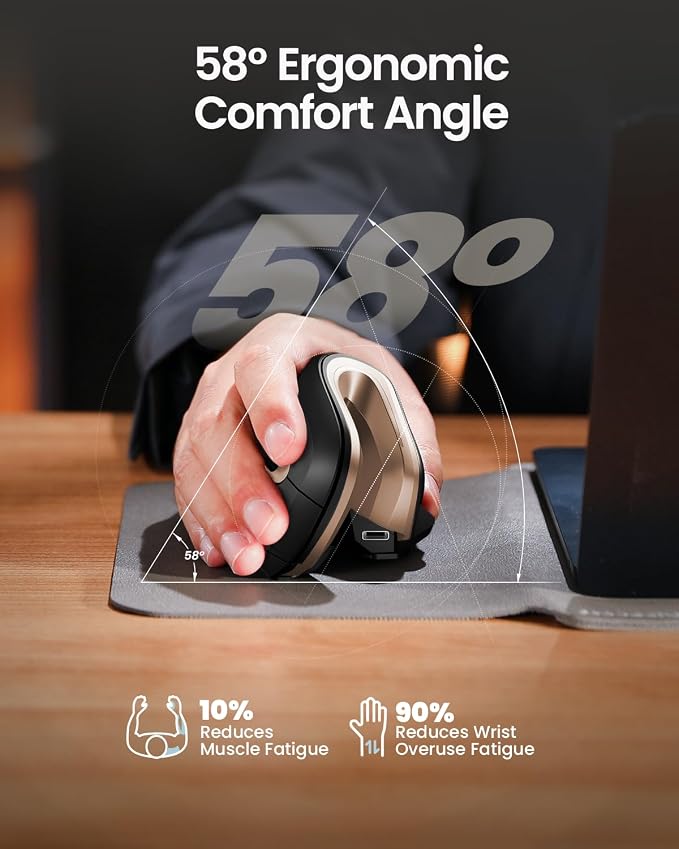 ProtoArc EM11 NL Wireless Ergonomic Mouse, Rechargeable, Black Gold | 58° vertical design supports a natural wrist posture, connect 3 devices via Bluetooth/2.4G USB-A, 500mAh USB-C rechargeable.