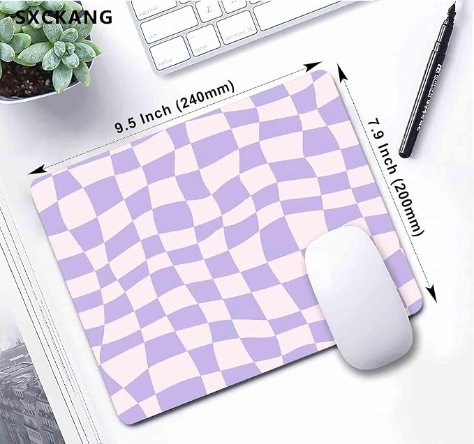 Cute Mouse Pad, Pastel Purple Checkered Mouse Pad, Pink Boho Aesthetic Pattern Mousepad for Home Office, Anti-Slip Rubber Mice pad for Computer & Laptop, 9.5x7.9 inch