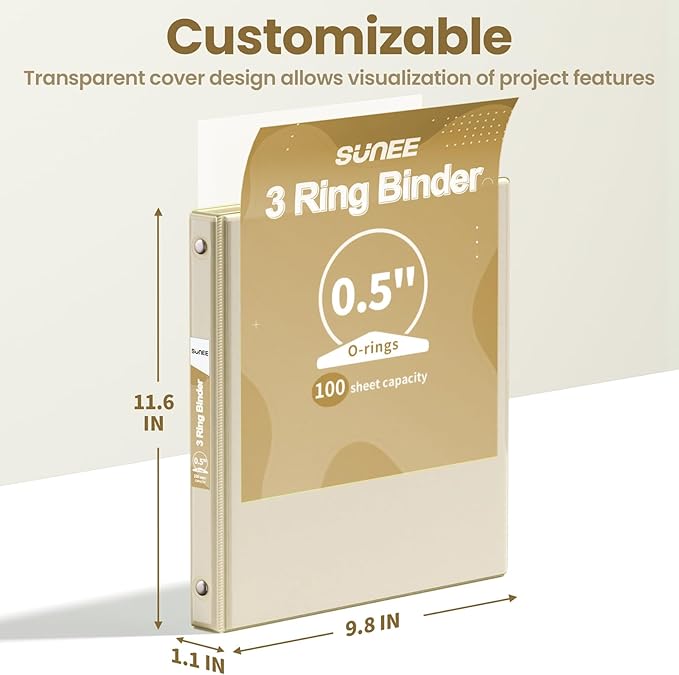 SUNEE 3 Ring Binder 1/2 Inch 4 Pack, Clear Half Inch View Binder Three Ring 0.5" PVC-Free (Fit 8.5x11 Inches) for School or Office Supplies, Neutral Aesthetic