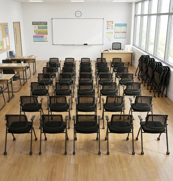 Folding Chair with Wheels and Paddle, Ergonomic Mesh Back and Arms for Office, Meetings, Conferences, Receptions, Training Rooms & Folding Office Chairs - Black 70 Pack