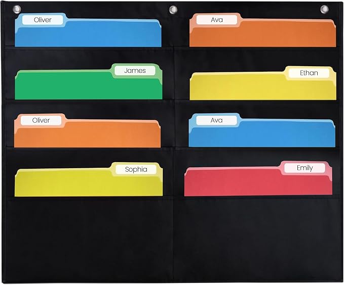Essex Wares - 8 Pocket File Pocket Chart, Black, 28" Wide x 26" Tall | Versatile Wall Hanging File Folder Organizer for Classrooms, Offices, Home, and More - Wall Folder Organizer