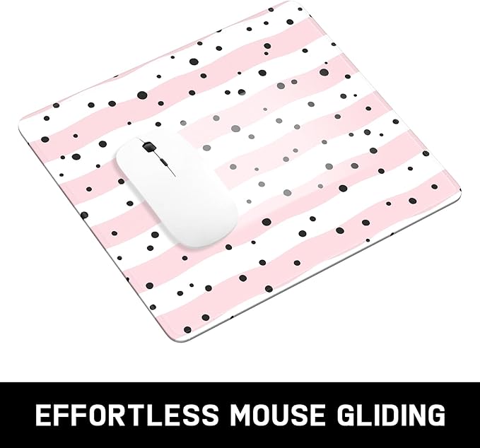 Mouse Pad, Minimalism Marble Style Computer Pad, Anti-Slip Rubber Mouse Mat with Stitched Edges for Gaming, Office, Laptop, PC, Women, 9" x 8" Thick 3 mm, Pink White Polka Dots