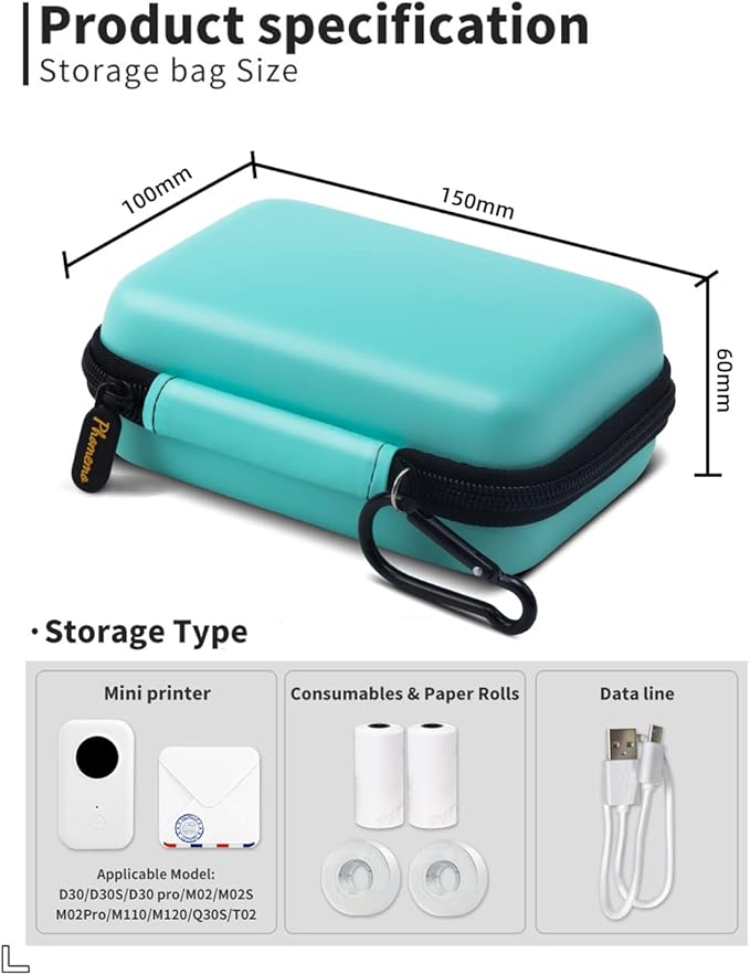 Phomemo Label Printer Case Hard Carry Case Compatible D30/M02/T02/M110/P21/D110 Label Printer, Label Maker Labeler Storage Holder, Green