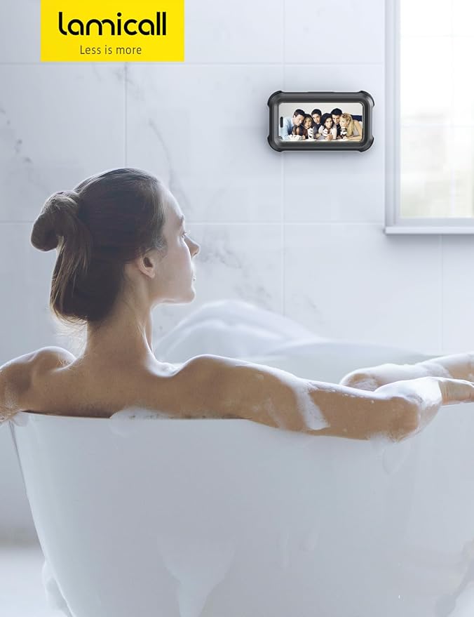 Lamicall Waterproof Shower Phone Holder, Bathroom Accessories for iPhone | Rotatable, Fog-Resistant, Shower Wall Mount Stand for iPhone, Christmas Gift Gadget for 4-7" Phone, Unisex Black