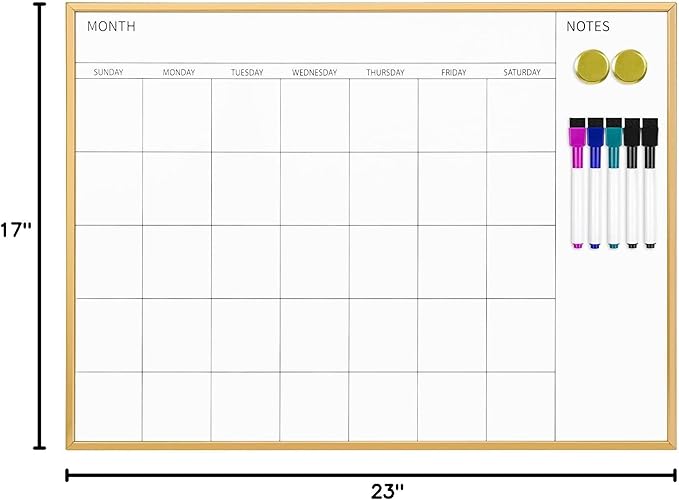 VUSIGN Monthly Calendar Whiteboard, 17" x 23" Gold Wooden Frame | Magnetic Dry Erase Calendar with 2 Magnets & 5 Whiteboard Pens, Monthly Calendar Whiteboard for Office School Home