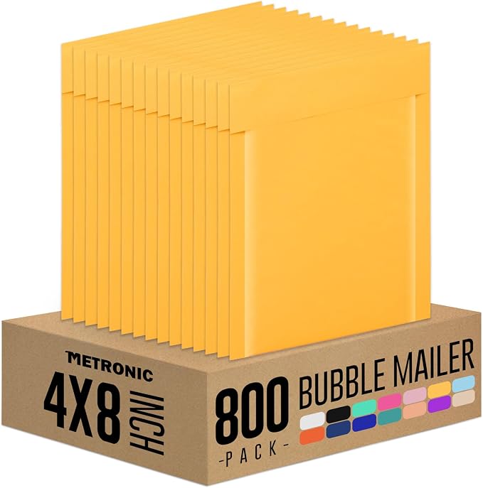 Metronic Kraft Bubble Mailers 4x8 Inch 800 Pack, Yellow Padded Envelopes, Waterproof Self-Seal Adhesive Shipping Bags for Mailing, Packaging - Usable Size 4x7