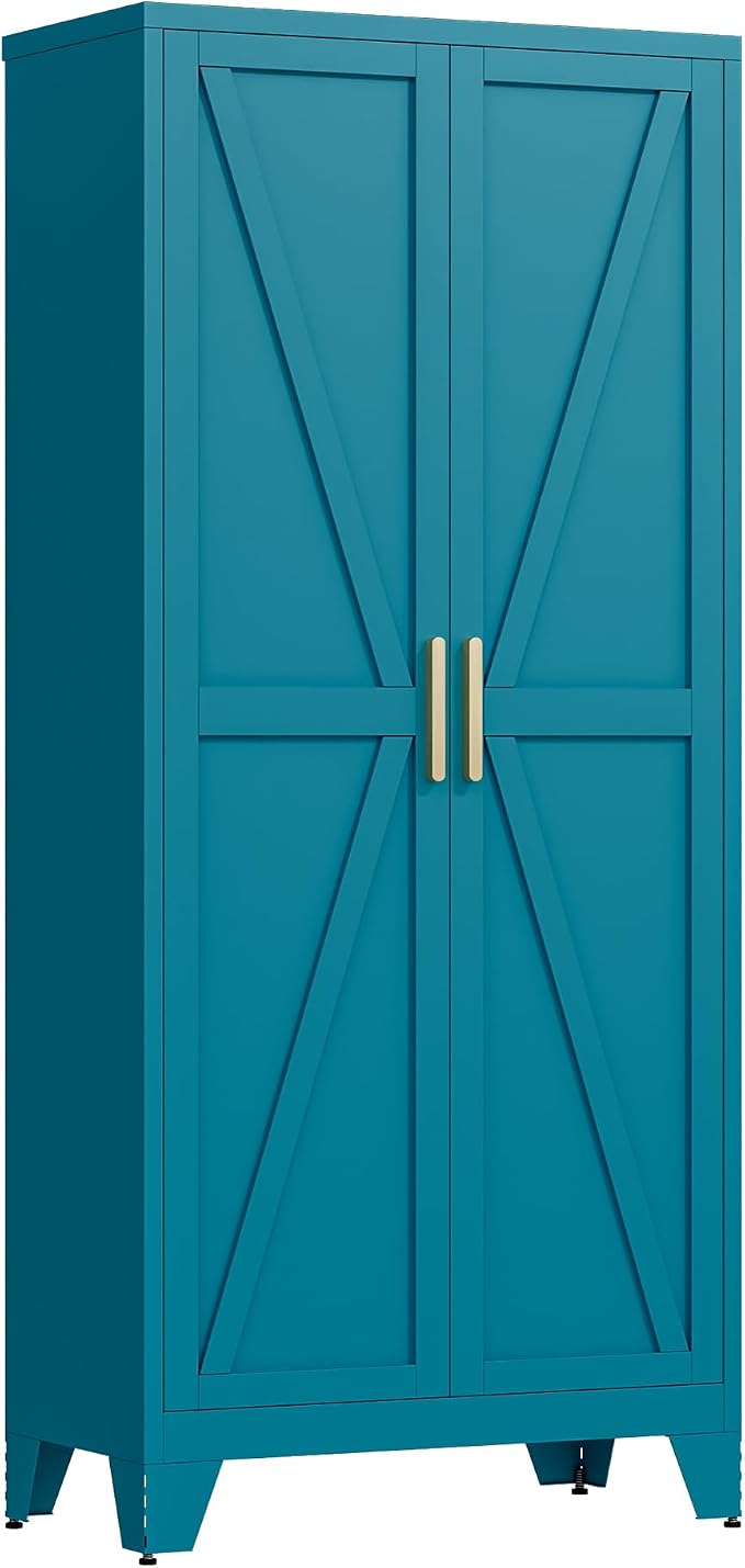 QINPTWUT 71" Metal Storage Cabinet with Doors and Shelves, Tall Pantry Cabinet in Blue with 2 Doors & 4 Adjustable Shelves, All-Steel Farmhouse Cupboard for Kitchen, Living Room,Home Office,Garage